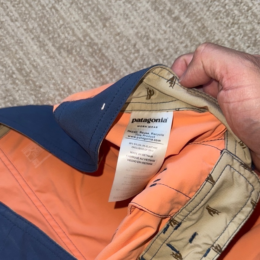Patagonia Mens 31 Orange Patchwork Stretch Wavefarer Boardshorts Swim Surf Short - Picture 7 of 10